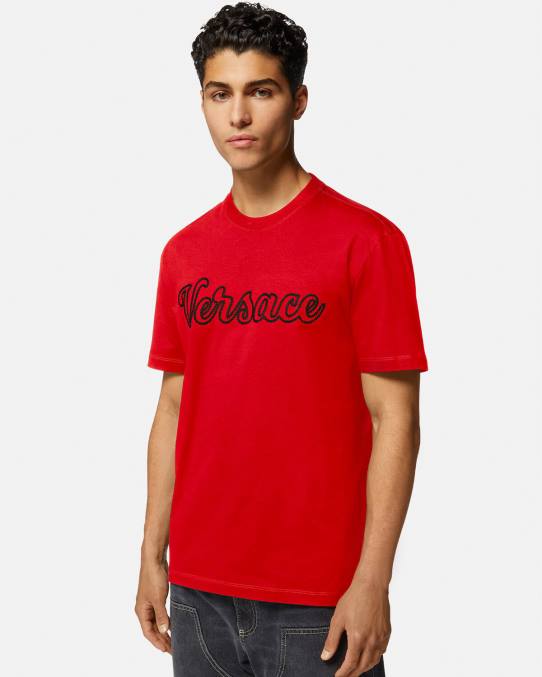Versace ropa hombres camiseta con logo universitario bordado 6BPV1405 rojo