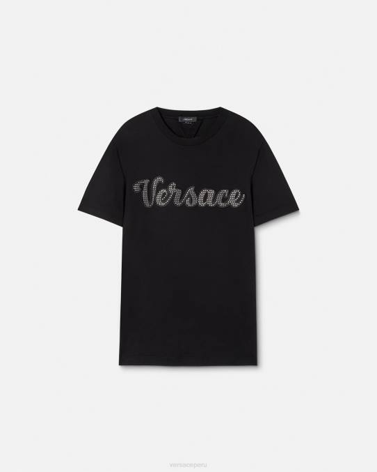 Versace ropa hombres camiseta con logo universitario de cristales 6BPV1406 negro