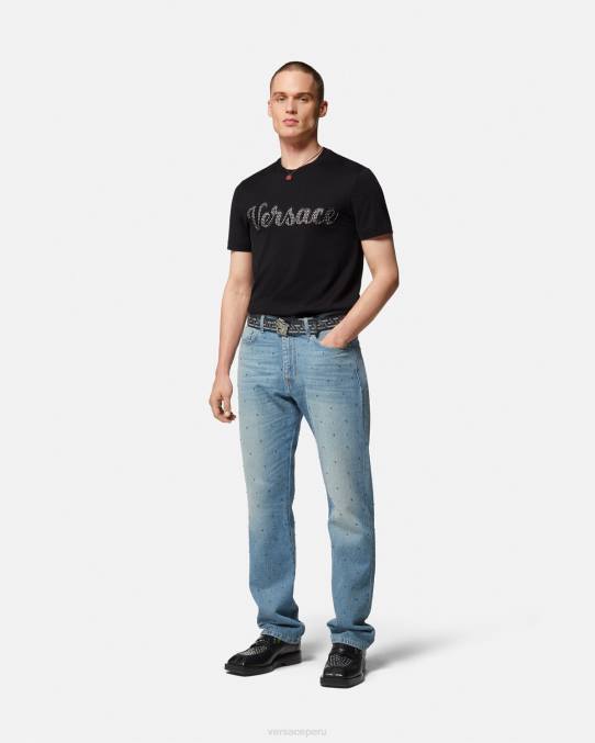 Versace ropa hombres camiseta con logo universitario de cristales 6BPV1406 negro
