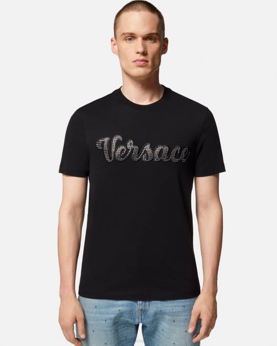 Versace ropa hombres camiseta con logo universitario de cristales 6BPV1406 negro