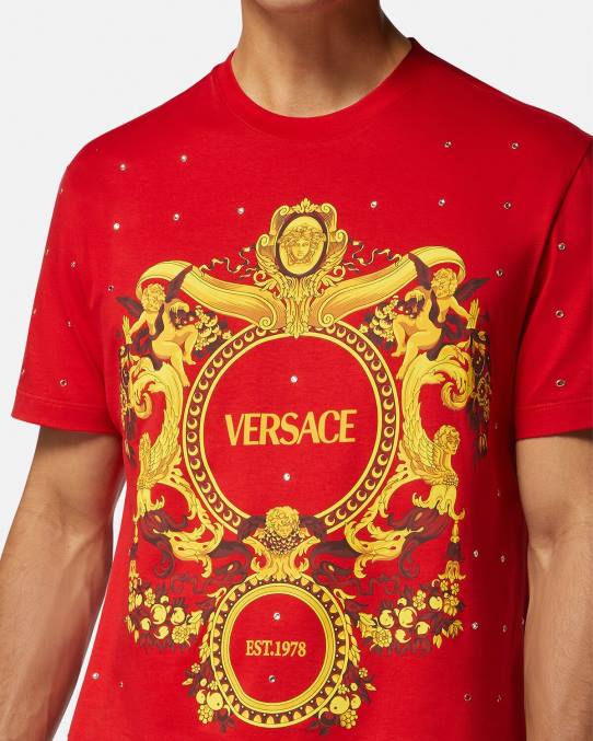 Versace ropa hombres camiseta con rejilla de cristal barroco 6BPV1401 rojo