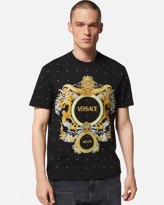 Versace ropa hombres camiseta con rejilla de cristal barroco 6BPV1402 negro