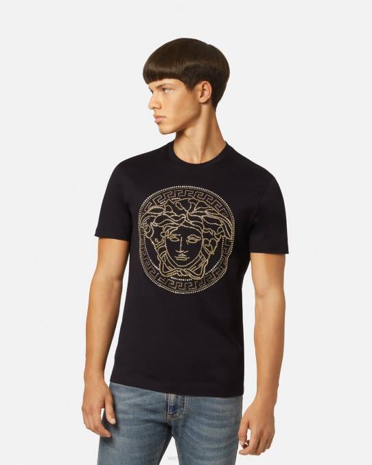 Versace ropa hombres playera con logo de Medusa y adornos 6BPV1377 negro