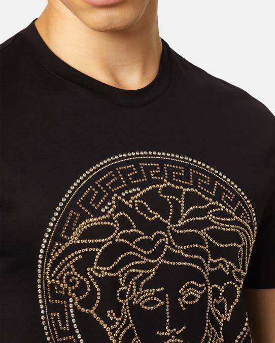 Versace ropa hombres playera con logo de Medusa y adornos 6BPV1377 negro