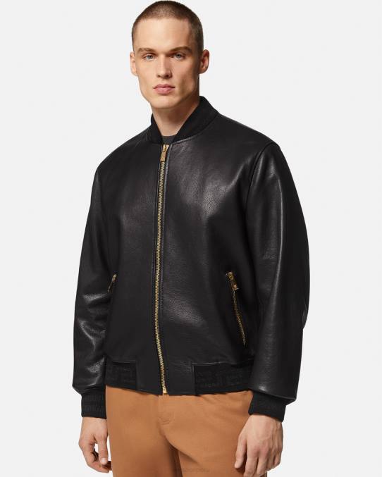 Versace ropa hombres chaqueta bomber de cuero con greca 6BPV1225 negro