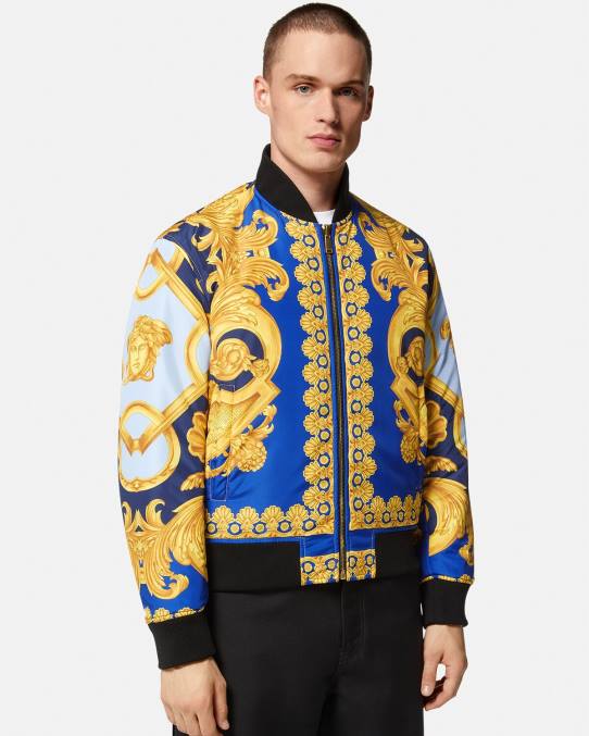 Versace ropa hombres chaqueta bomber reversible barroco 660 6BPV1240 azul y oro