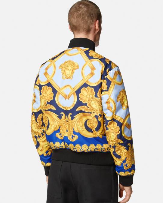 Versace ropa hombres chaqueta bomber reversible barroco 660 6BPV1240 azul y oro