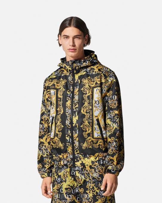 Versace ropa hombres chaqueta cortavientos de alta costura con logo 6BPV2414 negro y estampado