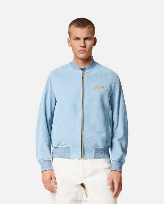 Versace ropa hombres chaqueta de ante con logo barroco y conchas marinas 6BPV1223 azul claro