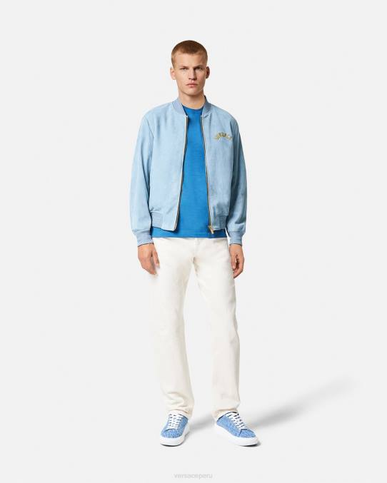 Versace ropa hombres chaqueta de ante con logo barroco y conchas marinas 6BPV1223 azul claro