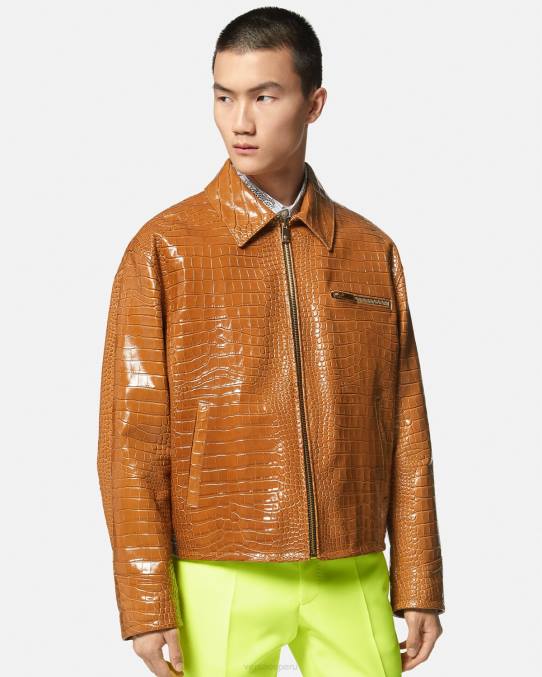 Versace ropa hombres chaqueta tipo blusón de cuero con efecto de cocodrilo 6BPV1255 naranja