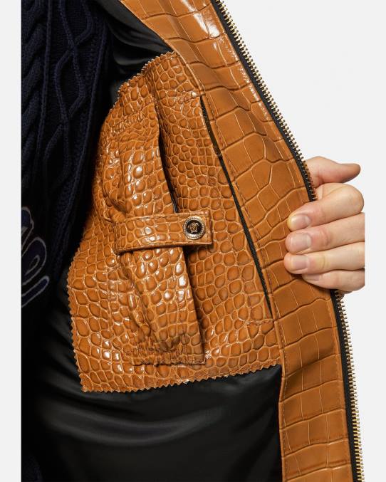 Versace ropa hombres chaqueta tipo blusón de cuero con efecto de cocodrilo 6BPV1255 naranja