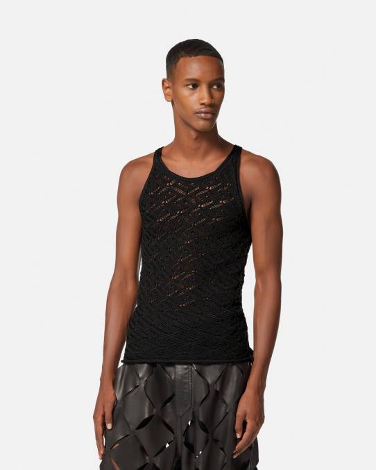 Versace ropa hombres camiseta sin mangas de punto con encaje la greca 6BPV1340 negro