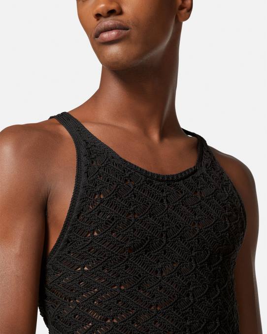 Versace ropa hombres camiseta sin mangas de punto con encaje la greca 6BPV1340 negro