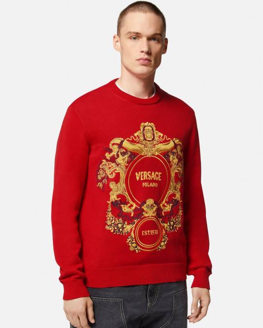 Versace ropa hombres suéter con bordado barroco en intarsia 6BPV1345 rojo