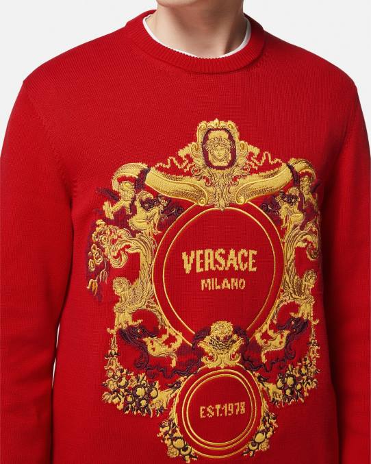 Versace ropa hombres suéter con bordado barroco en intarsia 6BPV1345 rojo
