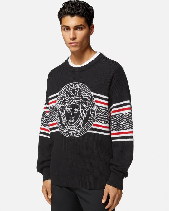 Versace ropa hombres suéter con medusa a rayas en jacquard 6BPV1344 negro