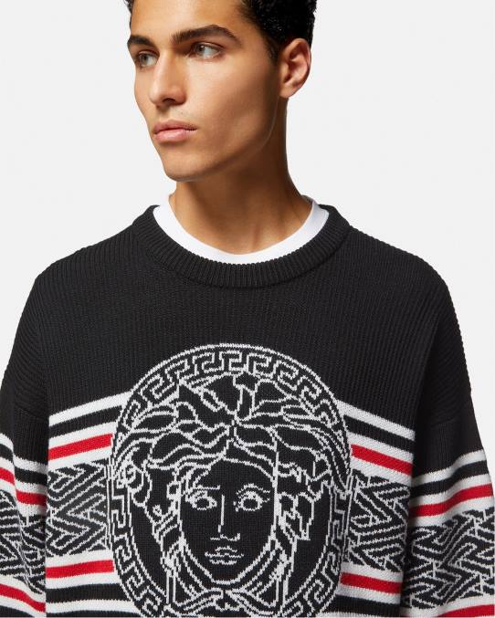 Versace ropa hombres suéter con medusa a rayas en jacquard 6BPV1344 negro