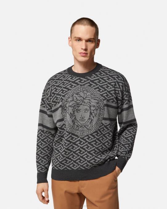 Versace ropa hombres suéter con medusa en jacquard la greca 6BPV1339 gris negro