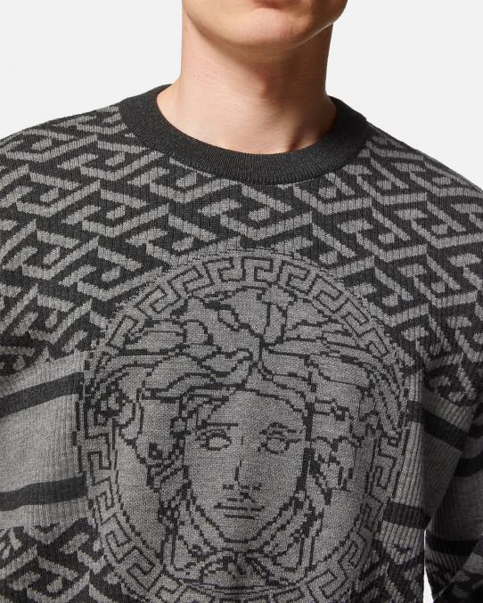 Versace ropa hombres suéter con medusa en jacquard la greca 6BPV1339 gris negro