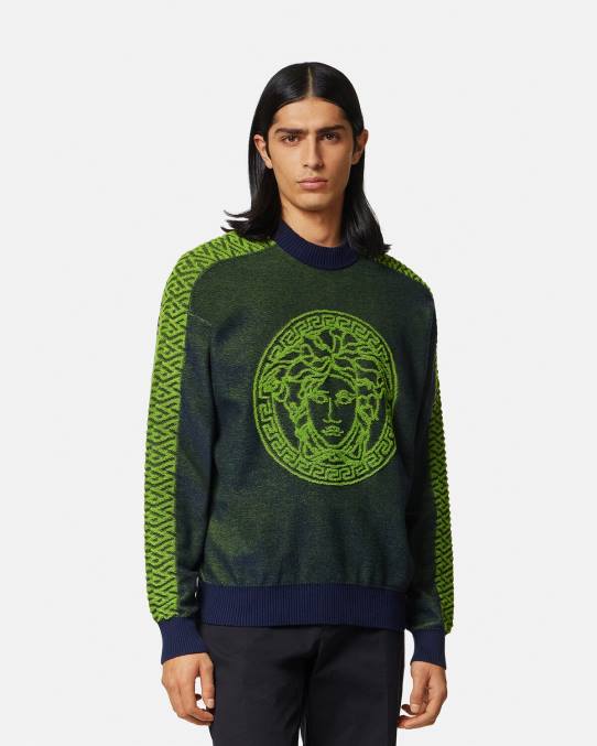 Versace ropa hombres suéter de felpa con medusa la greca 6BPV1331 azul verde