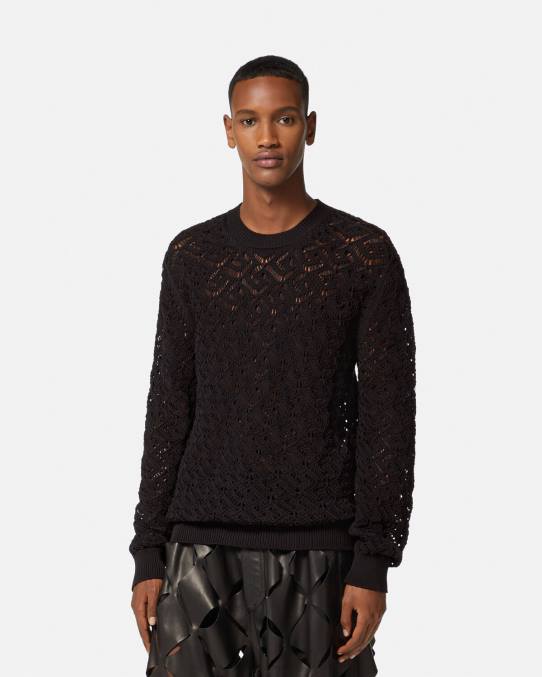 Versace ropa hombres suéter de punto de encaje la greca 6BPV1341 negro