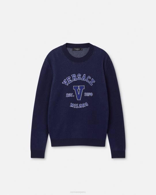 Versace ropa hombres suéter universitario con logo en intarsia 6BPV1349 azul