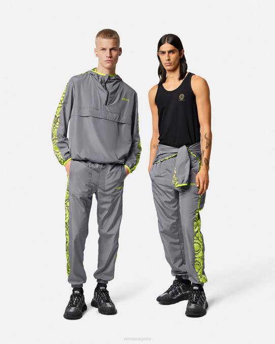 Versace ropa hombres pantalones deportivos con silueta barroca 6BPV1460 gris y lima