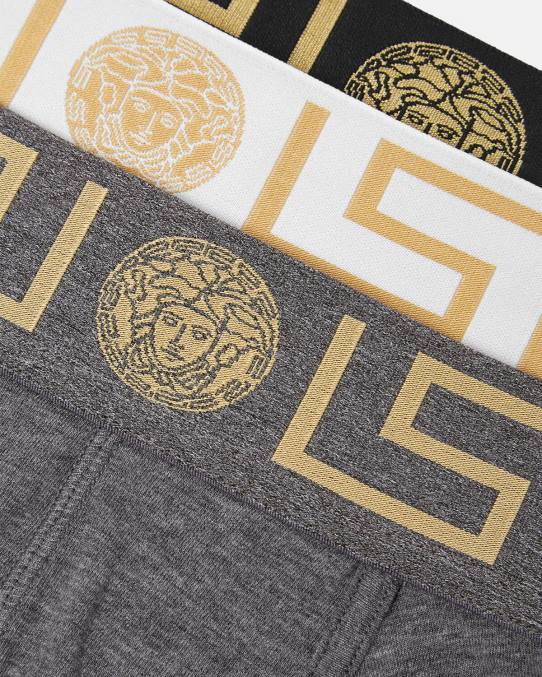 Versace ropa interior y ropa de playa hombres pack de 3 calzoncillos con borde con greca 6BPV1751 blanco y negro y gris