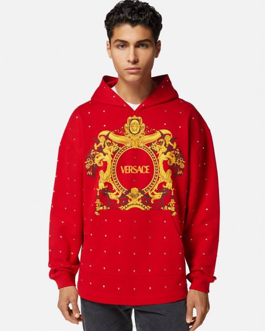 Versace ropa hombres sudadera con capucha con rejilla de cristal barroco 6BPV1421 rojo