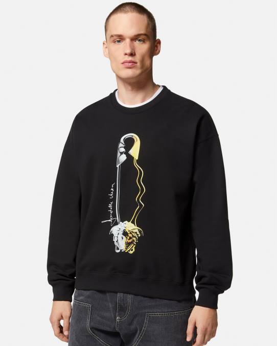 Versace ropa hombres sudadera con estampado de pin de seguridad 6BPV1420 negro