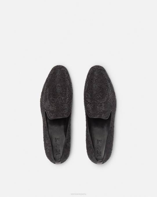 Versace zapato hombres pantuflas con silueta barroca y cristales 6BPV1568 negro