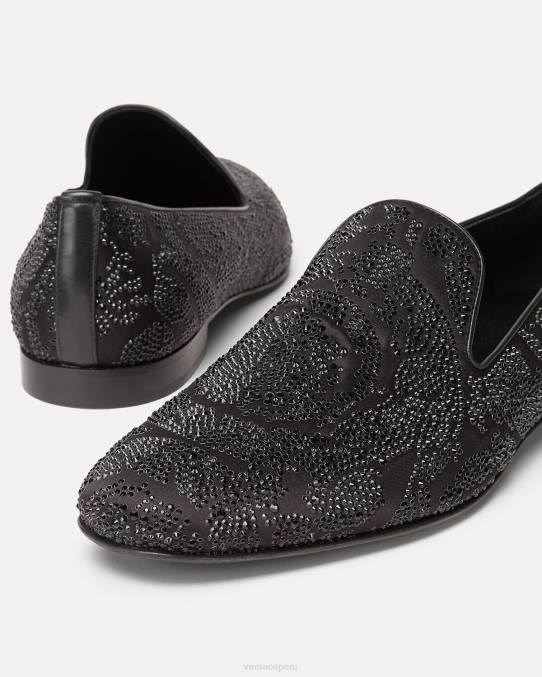 Versace zapato hombres pantuflas con silueta barroca y cristales 6BPV1568 negro