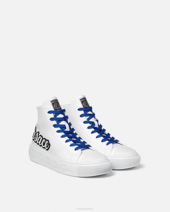 Versace zapato hombres zapatillas altas varsity con greca 6BPV1556 azul blanco
