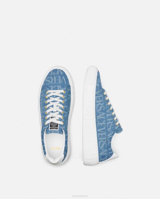 Versace zapato hombres zapatillas con greca en denim integral 6BPV1548 azul claro