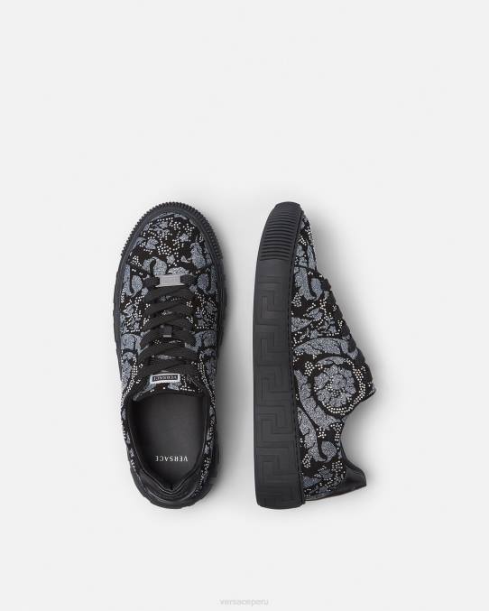 Versace zapato hombres zapatillas con greca y tachuelas 6BPV1555 negro