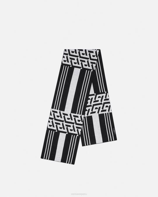 Versace accesorios mujer bufanda de punto a rayas con la greca 6BPV933 blanco negro