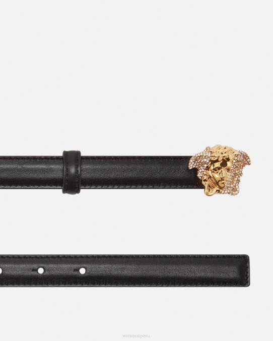 Versace accesorios mujer cinturón fino de piel con medusa y cristales 6BPV524 negro