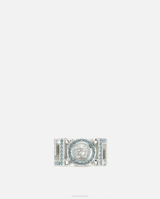Versace accesorios mujer anillo con medusa y greca de cristal 6BPV723 azul claro y metalizado