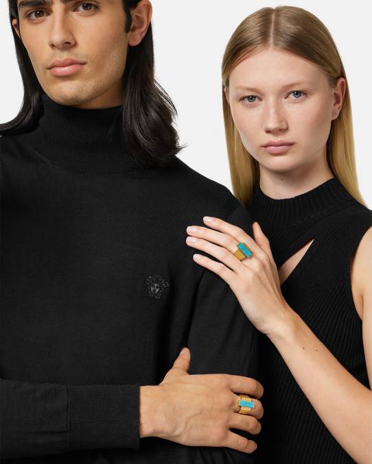 Versace accesorios mujer anillo con piedras preciosas de turquesa y greca 6BPV721 oro y turquesa