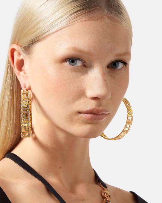 Versace accesorios mujer pendientes de aro con greca de cristal 6BPV835 oro
