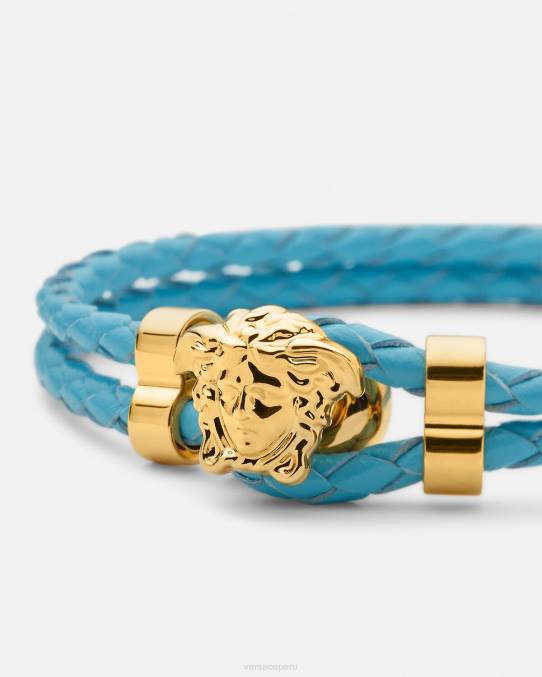 Versace accesorios mujer pulsera de cuero trenzado con medusa 6BPV739 azul claro