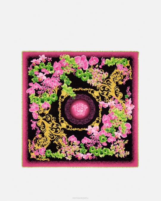 Versace accesorios mujer chal de seda con orquídeas medusa 6BPV931 negro y estampado