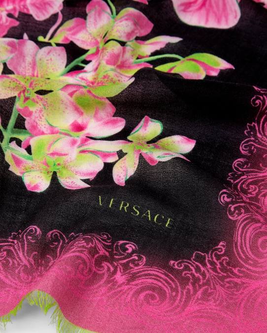 Versace accesorios mujer chal de seda con orquídeas medusa 6BPV931 negro y estampado