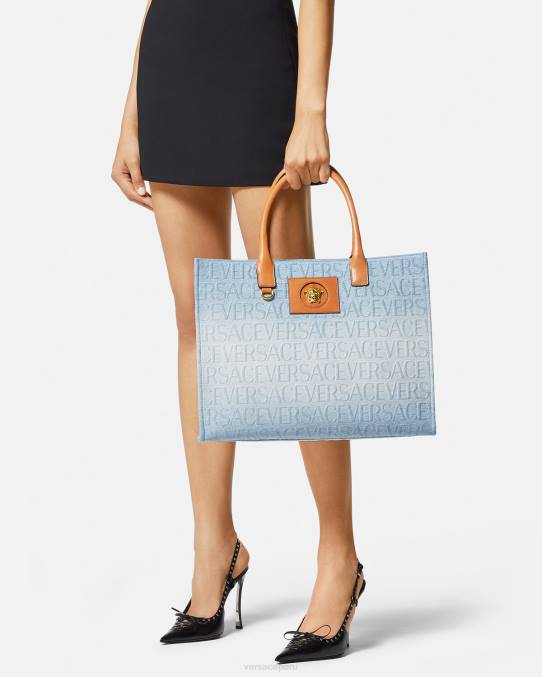 Versace bolsas mujer bolso tote grande de mezclilla 6BPV324 azul claro