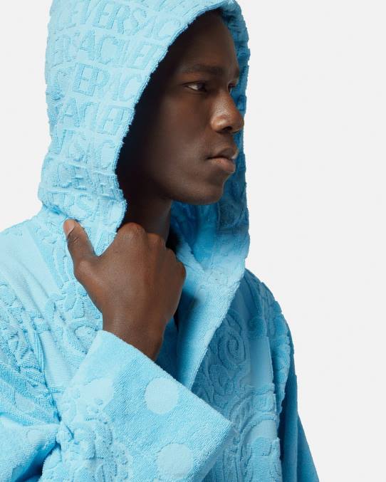 Versace ropa interior y ropa de playa mujer albornoz corto barroco conchas marinas 6BPV1082 azul claro