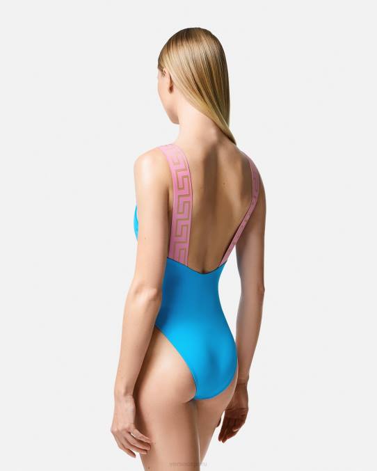 Versace ropa interior y ropa de playa mujer traje de baño de una pieza con borde de greca 6BPV1136 azul