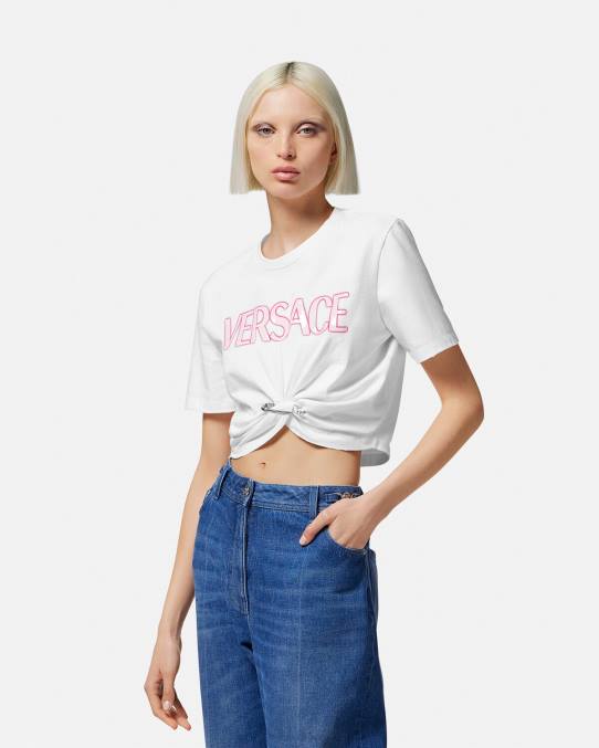Versace ropa mujer camiseta con logo de imperdible 6BPV138 blanco