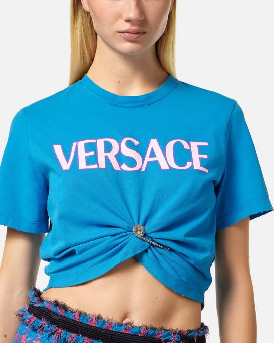 Versace ropa mujer camiseta con logo de imperdible 6BPV140 azul