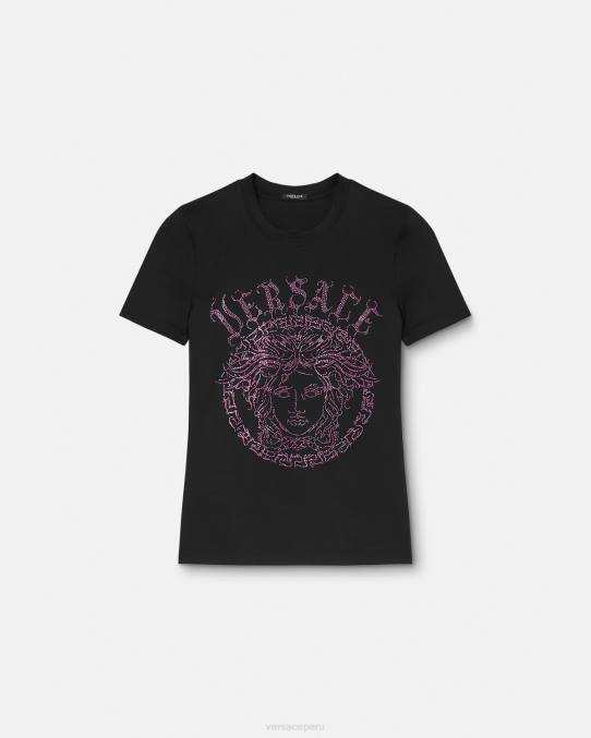 Versace ropa mujer camiseta con logo de medusa y cristales 6BPV153 negro y rosa